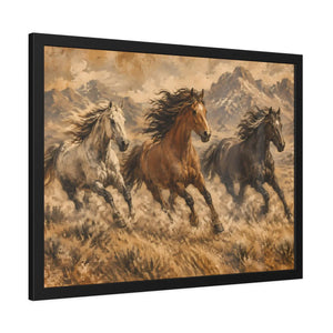 Framed paper poster – wild horses running through mountain landscape - posters