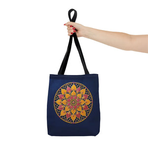 Mandala Floral Tote Bag — Vibrant Boho Lotus Design on Navy
