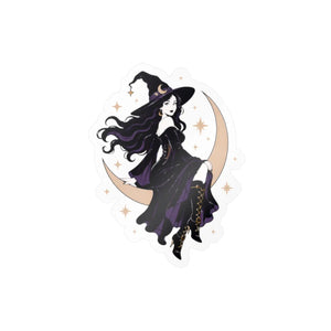 Mystical witch on crescent moon kiss-cut vinyl decal - home decor decals