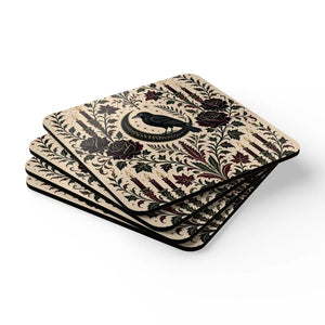 Gothic Raven Cork Coaster Set — Crescent Moon, Roses & Candles
