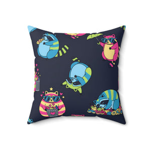 Cute Neon Raccoon Pattern Square Pillow — Colorful Cartoon Accent Cushion
