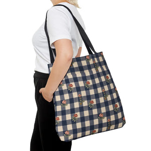 Gingham Rose Tote Bag — Vintage Navy Check Floral All-Over Print Tote