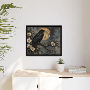 Framed canvas wall art – gothic raven and moon floral painting - printable