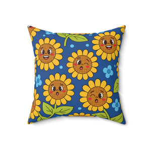 Sunny Smiles Decorative Pillow — Cute Cartoon Sunflower Throw Pillow