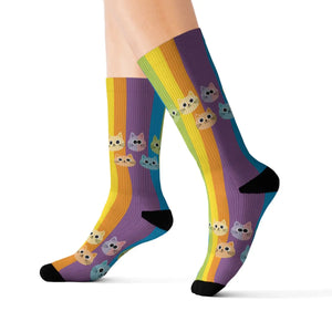 Rainbow Cat Socks - Colorful Sublimation Crew Socks with Cute Cat Faces