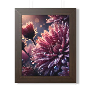 Chrysanthemum with dew drops framed vertical poster - posters