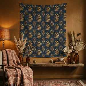 Woven wall tapestry, vintage floral jacquard pattern in teal & gold - decorative tapestries