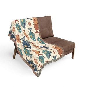 Fish Pattern Woven Blanket – Nautical Coastal Throw with Colorful School of Fish Design
