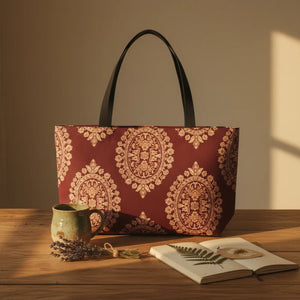 A tote bag with a burgundy and beige damask pattern, featuring black shoulder straps, shown against a plain white background.