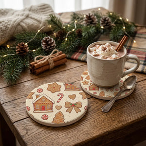 A round decorative plate or coaster featuring a festive Christmas gingerbread pattern on a cream background, with illustrations of gingerbread houses, cookies, candy canes, stars, and bows.
