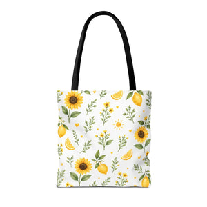 Sunflower & Lemon Pattern Tote Bag — Floral Summer Market Tote
