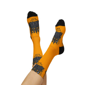 Witches Graphic Socks — Yellow Sublimation Crew Socks with “Girls will be girls” Design