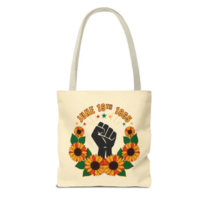 Juneteenth celebration tote bag – ’june 19th 1865’ sunflower & black power fist aop - bags