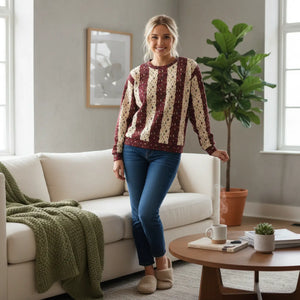 Holiday Patchwork Stripe Sweatshirt — Cozy Vintage Christmas Pattern