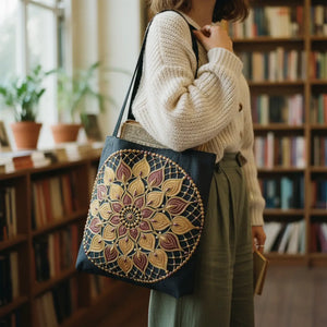Boho Mandala Woven Tote — Mosaic Floral Circle Market Bag