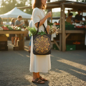 Boho Mandala Woven Tote — Mosaic Floral Circle Market Bag