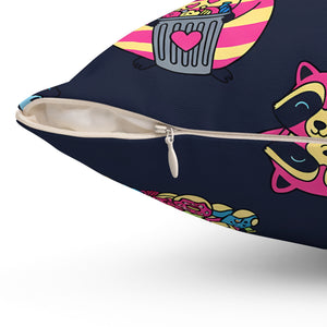 Cute Neon Raccoon Pattern Square Pillow — Colorful Cartoon Accent Cushion