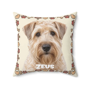 Personalized Dog Photo Pillow — Custom Pet Name "ZEUS" Square Throw Pillow, Cute Heart & Paw Border