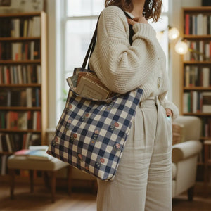 Gingham Rose Tote Bag — Vintage Navy Check Floral All-Over Print Tote