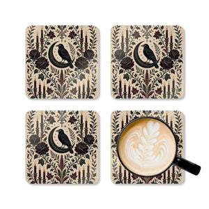 Gothic Raven Cork Coaster Set — Crescent Moon, Roses & Candles