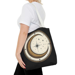 Celestial Crescent Moon Tote Bag – Vintage Starry Night AOP Canvas