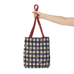 Gingham Rose Tote Bag — Vintage Navy Check Floral All-Over Print Tote