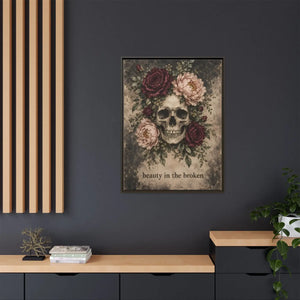 Beauty in the broken skull and floral framed canvas wall art - printable