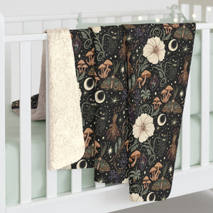 Celestial Floral Sherpa Blanket — Cozy Moon & Mushroom Fleece Throw