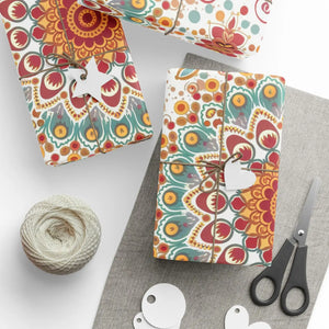 Wrapping Paper Roll — Boho Floral Medallion Gift Wrap (Retro Teal, Mustard & Coral)