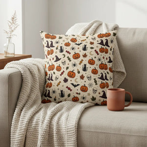 Halloween Pattern Faux Linen Pillow – Pumpkins, Cats & Witches Decorative Throw Pillow