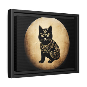 Japanese Samurai Cat Tattoo, Kawaii Ninja Cat in a vintage look, Matte Canvas, Black Frame