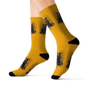 Witches Graphic Socks — Yellow Sublimation Crew Socks with “Girls will be girls” Design