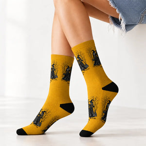 Witches Graphic Socks — Yellow Sublimation Crew Socks with “Girls will be girls” Design