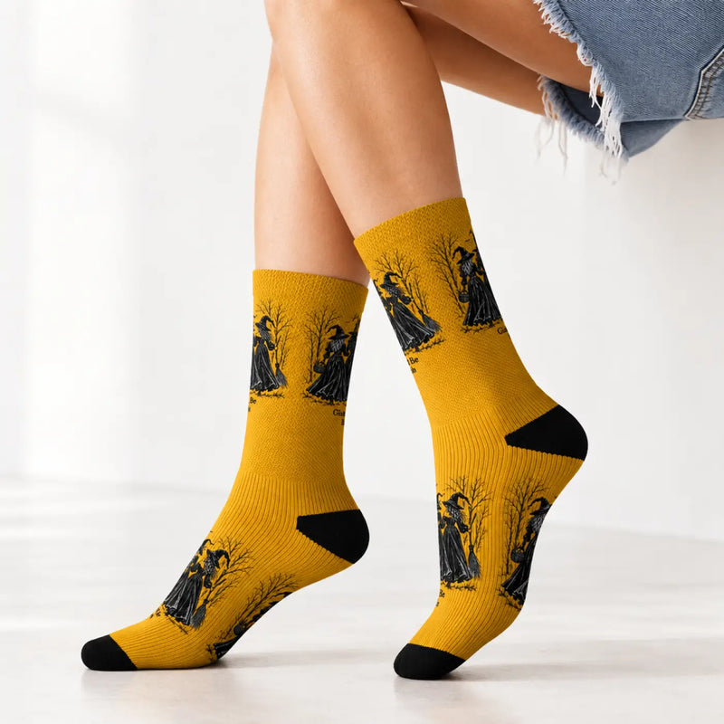 Witches Graphic Socks — Yellow Sublimation Crew Socks with “Girls will be girls” Design