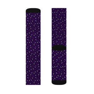 Purple Crescent Moon Sublimation Socks — Mystical Night Sky Crew Socks