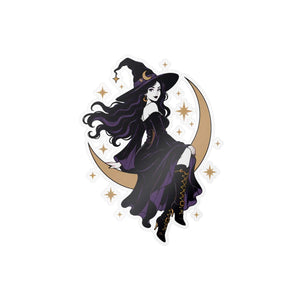 Mystical witch on crescent moon kiss-cut vinyl decal - home decor decals