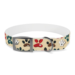 Paw Print Dog Collar — Colorful Red, Teal & Brown Paw Pattern