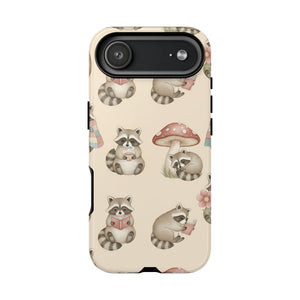 Cute Raccoon Pattern Phone Case – Beige Mushroom & Floral Tough Cases