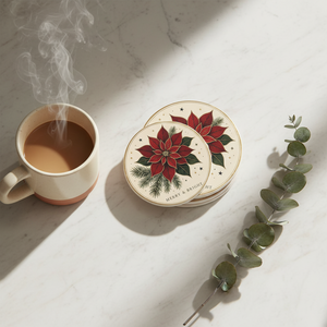 Poinsettia Ceramic Coaster — "Merry & Bright" Holiday Drink Coaster