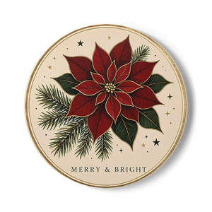 Poinsettia Ceramic Coaster — "Merry & Bright" Holiday Drink Coaster