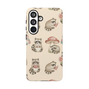 Cute Raccoon Pattern Phone Case – Beige Mushroom & Floral Tough Cases