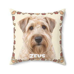 Personalized Dog Photo Pillow — Custom Pet Name "ZEUS" Square Throw Pillow, Cute Heart & Paw Border