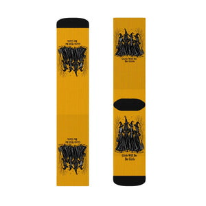 Witches Graphic Socks — Yellow Sublimation Crew Socks with “Girls will be girls” Design