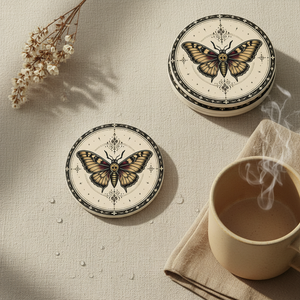 Death's-head Moth Ceramic Coaster | Gothic Butterfly Illustration, Cork Back