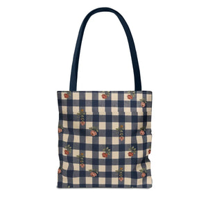 Gingham Rose Tote Bag — Vintage Navy Check Floral All-Over Print Tote