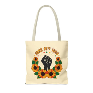 Juneteenth celebration tote bag – ’june 19th 1865’ sunflower & black power fist aop - bags