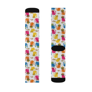 Colorful Cat Pattern Sublimation Socks — Cute Novelty Crew Socks for Cat Lovers