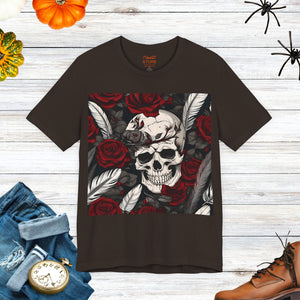 Creepy Skull, Roses and feathers for Halloween, Unisex Jersey Short Sleeve Tee