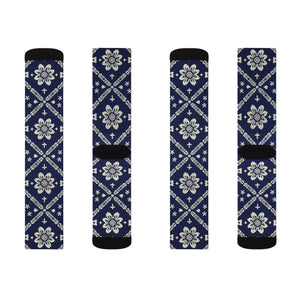Navy Ikat Floral Sublimation Socks — Patterned Crew Socks