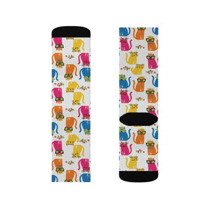 Colorful Cat Pattern Sublimation Socks — Cute Novelty Crew Socks for Cat Lovers